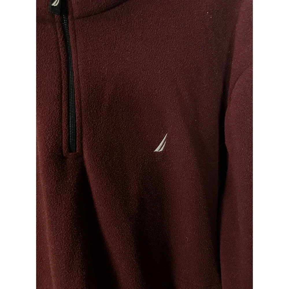 Nautica Mens Quarter Zip‎ Fleece Pullover Burgundy Maroon Large Logo Sweater